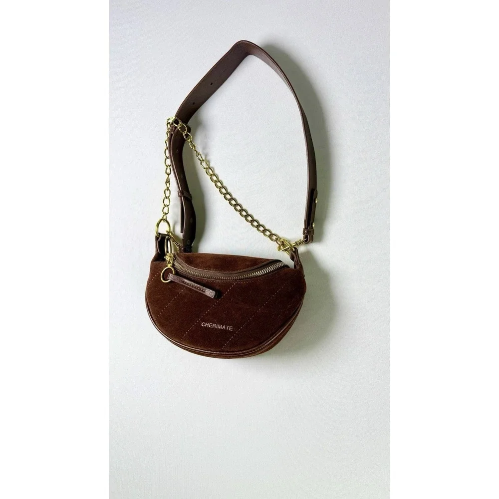 Cherimate Brown Suede Crescent Bag with Gold Chain & Adjustable Strap